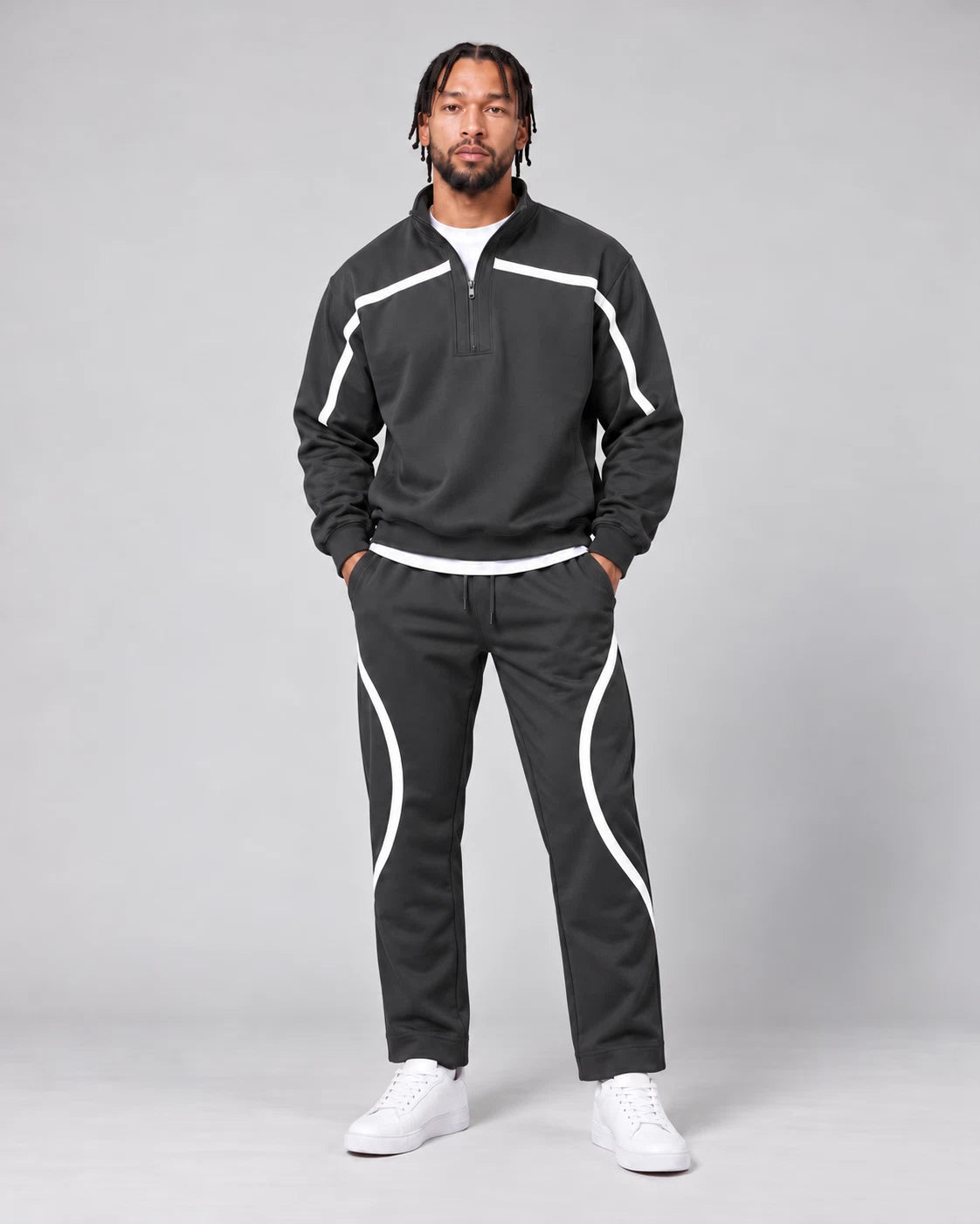 Retro Curved-Stripe Two-Piece Tracksuit Set