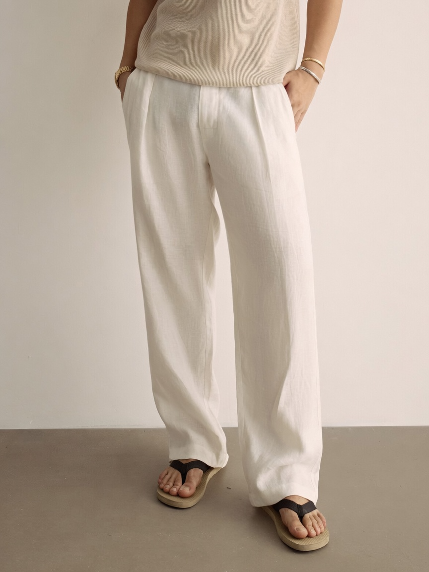 Linen Pleated Straight-Leg Trousers
