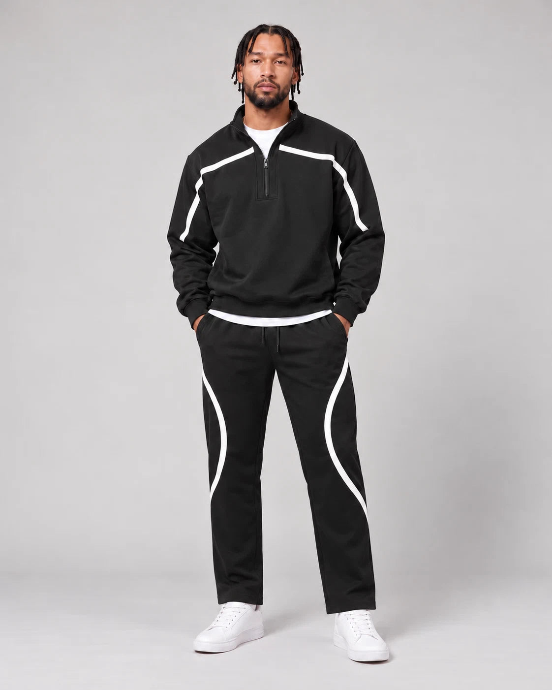 Retro Curved-Stripe Two-Piece Tracksuit Set
