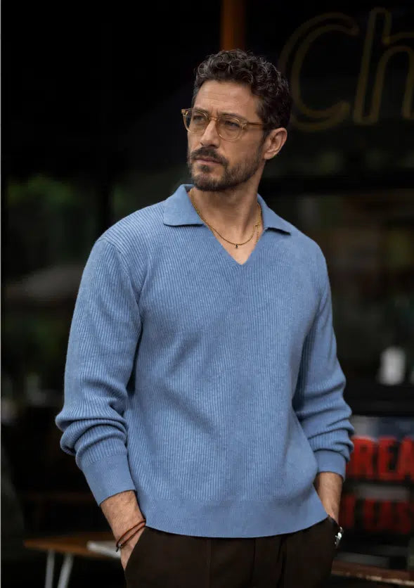 Heritage Johnny Collar Knit – Sky Blue