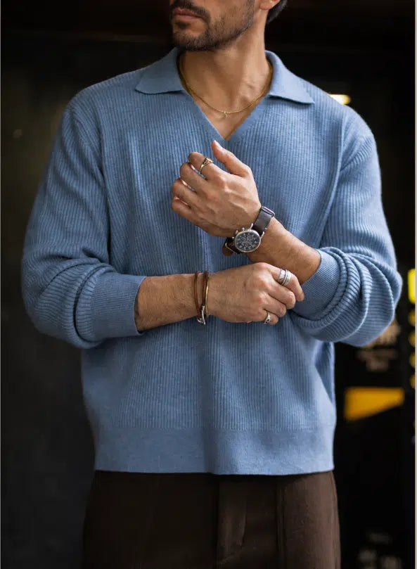 Heritage Johnny Collar Knit – Sky Blue