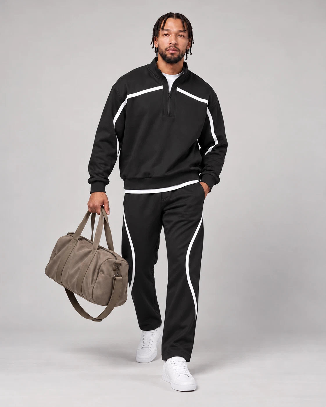 Retro Curved-Stripe Two-Piece Tracksuit Set