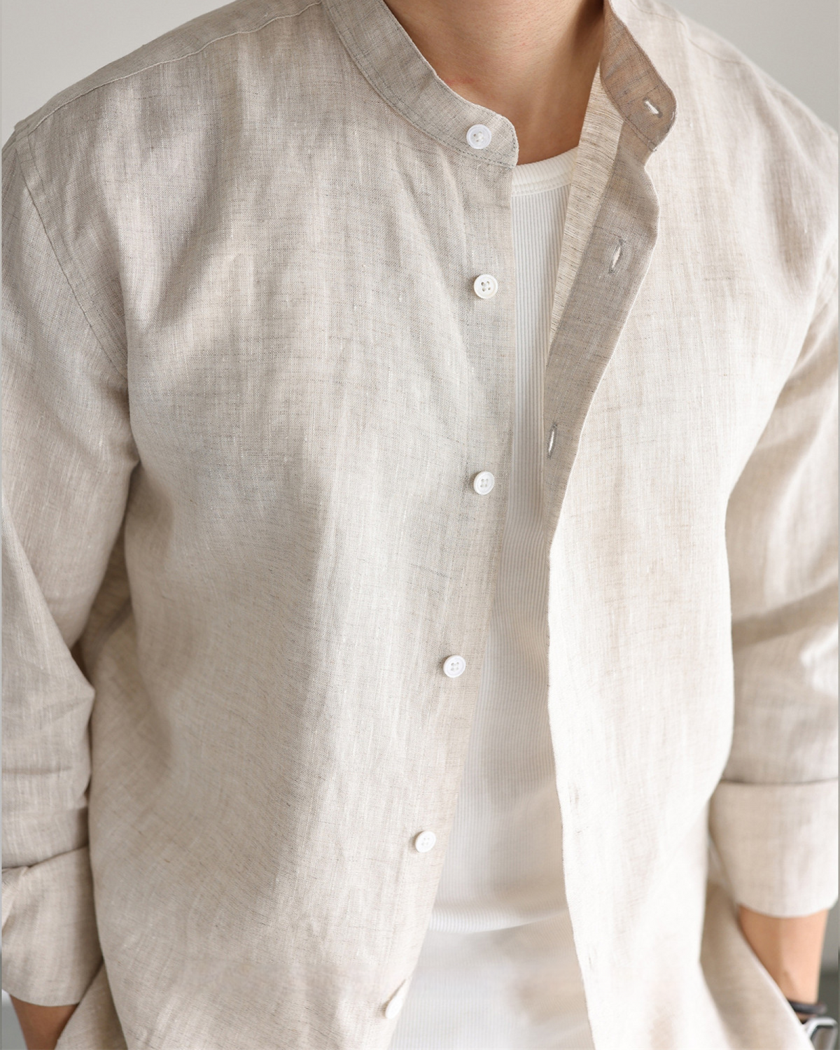 Italian Stand Collar Long Sleeved Linen Shirt