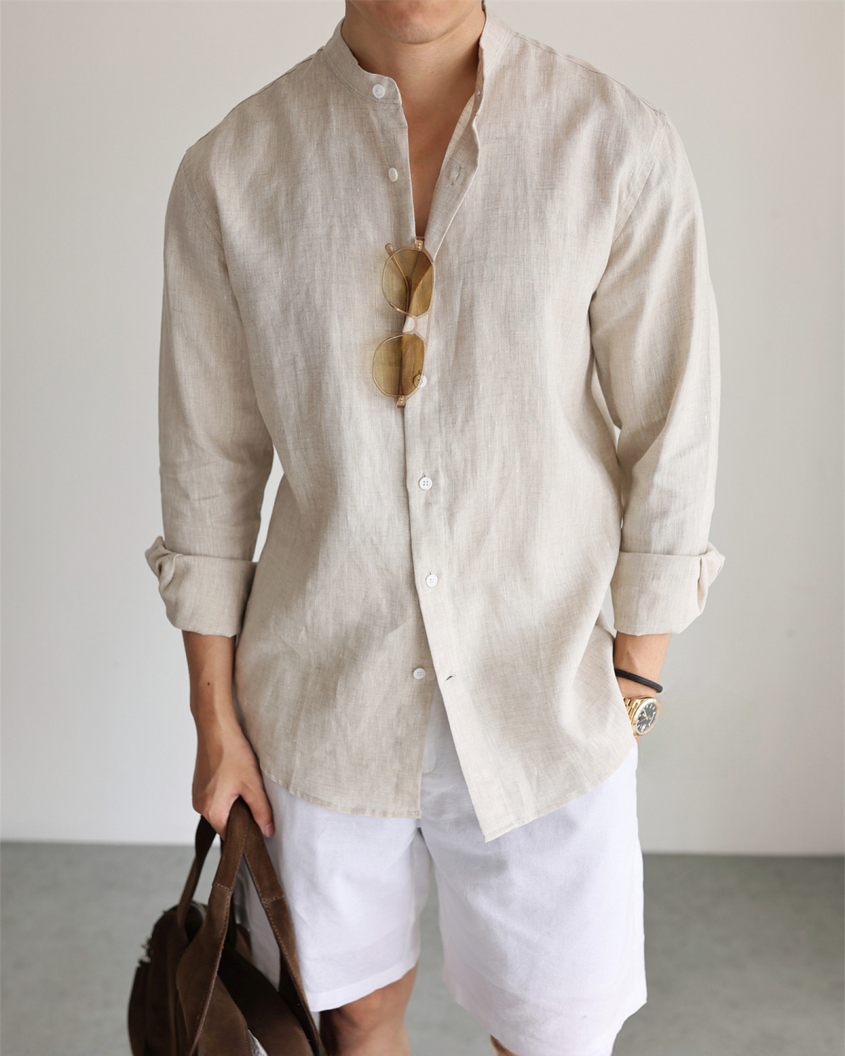 Italian Stand Collar Long Sleeved Linen Shirt