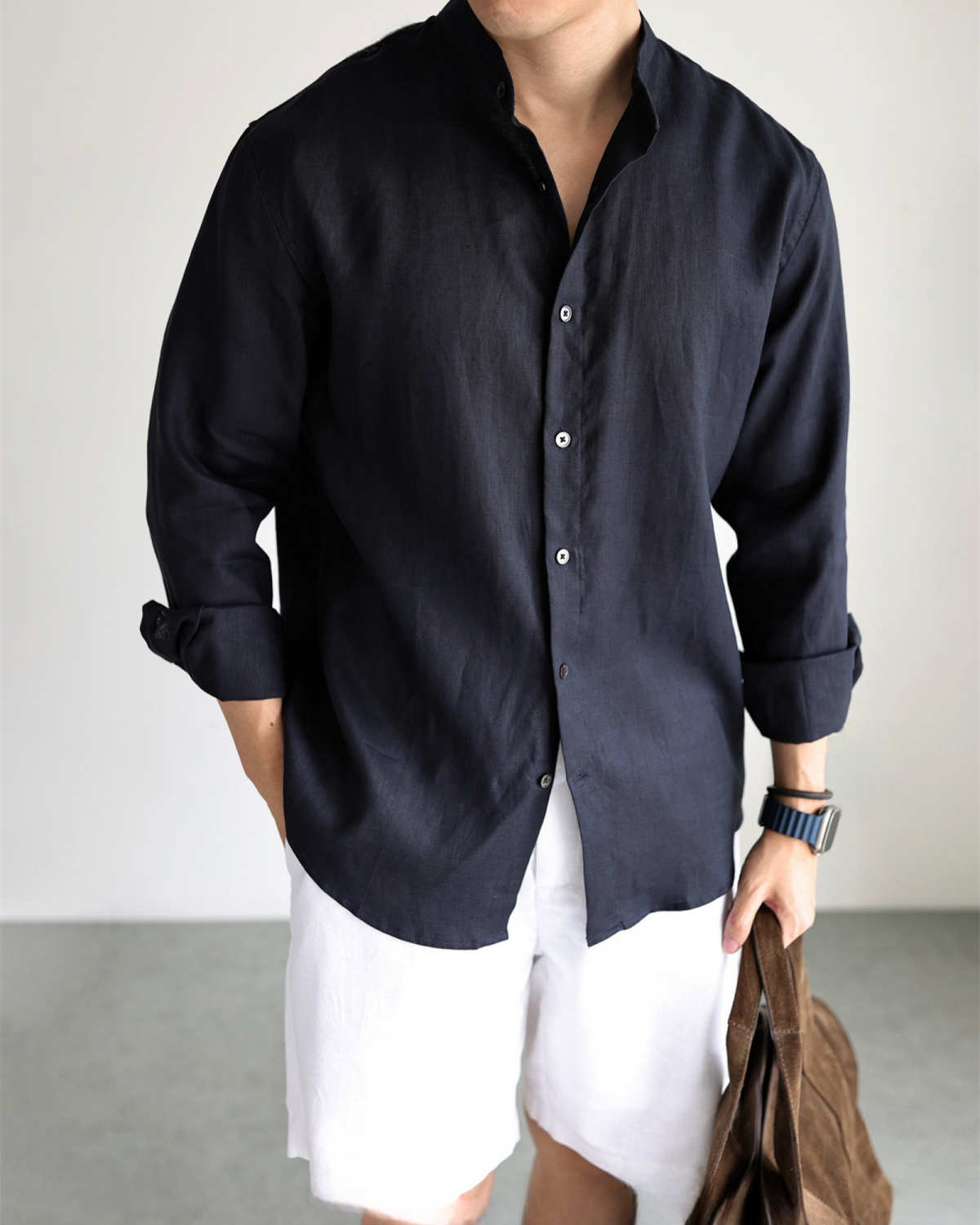 Italian Stand Collar Long Sleeved Linen Shirt