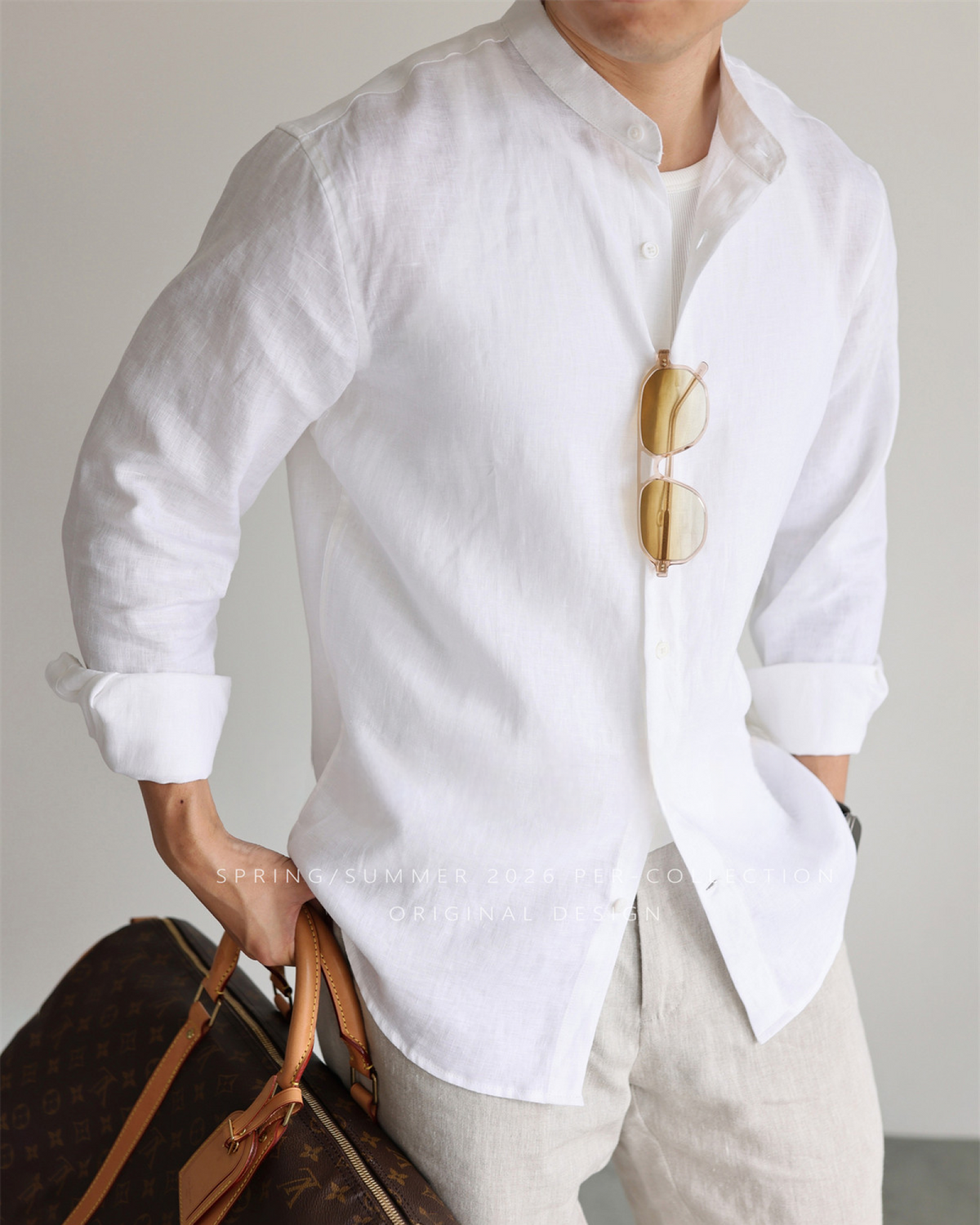 Italian Stand Collar Long Sleeved Linen Shirt
