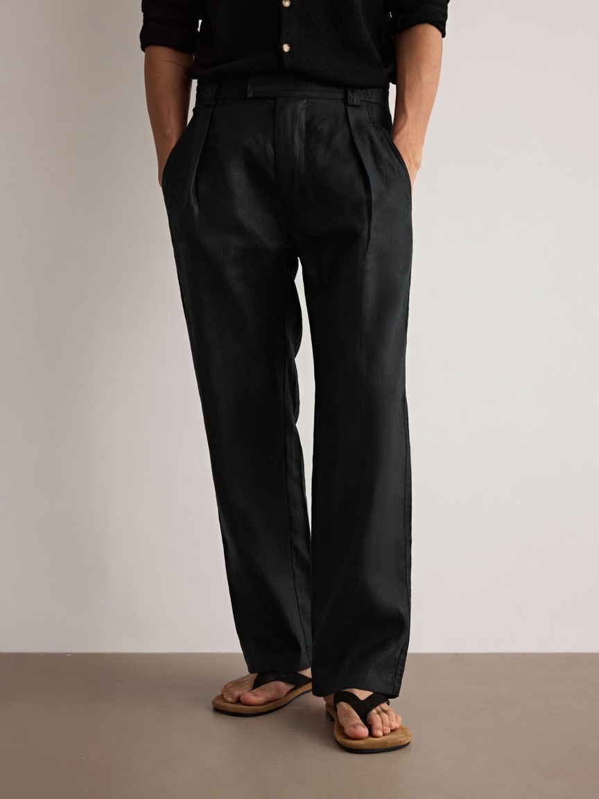 Linen Pleated Straight-Leg Trousers