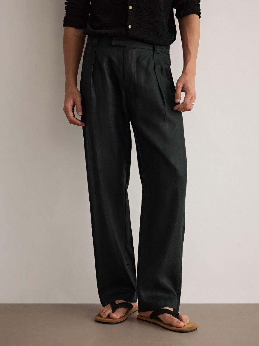 Linen Pleated Straight-Leg Trousers